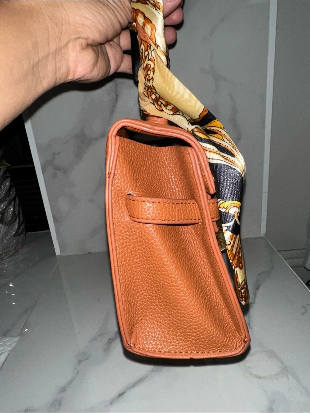 Classic Tan Top-Handle Women's Bag with Silk Scarf Accent